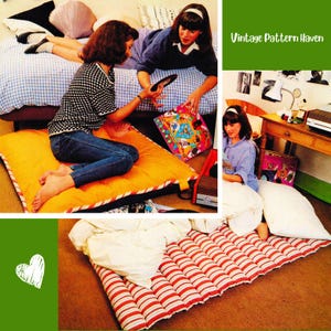 May include: A collage featuring a yellow floor cushion with striped edges, a red and white striped floor mattress, and two people interacting with vinyl records and a colourful board game. The text Vintage Pattern Haven appears in the top right corner.