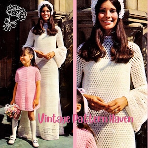 Vintage Crochet Wedding Dress Pattern PDF | 1970s Boho Bridal Gown & Flower Girl Dress | DIY Stunning Handmade Wedding Outfit | Retro Style