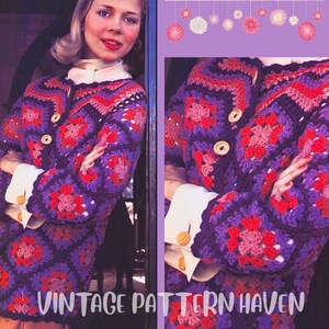 May include: A purple, pink, and red crochet cardigan with a button closure. The cardigan is made with a granny square pattern.