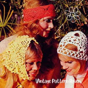 Motif de couvre-chef au crochet bohème - PDF vintage des années 1970 | Foulard, bonnet et bandeau en dentelle | Accessoires de coiffure festival motif crochet