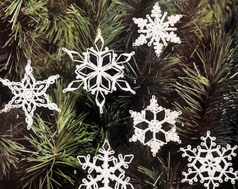 May include: Six white crocheted snowflakes hanging on a green pine tree branch. The snowflakes are different sizes and designs.