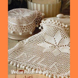 May include: Cream-coloured crocheted doilies and pot covers with a vintage aesthetic. The doilies feature openwork patterns and are trimmed with small, round bobbles. The image includes the text "Vintage Pattern Haven".