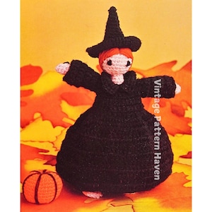 Vintage Crochet Witch & Pumpkin Pattern PDF – Halloween Decoration, Amigurumi Toy, Cute Fall Home Decor, Spooky Plush, DIY Crochet
