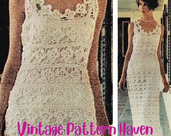 Vintage Crochet Dress Pattern PDF | Long Slim Fit Lace Crochet | Wedding or Evening Dress | Floral Motif | Openwork Crochet | Elegant Dress