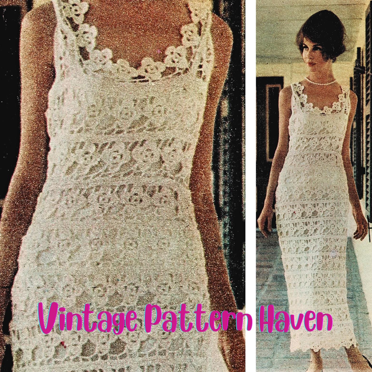 Vintage Crochet Dress Pattern PDF | Long Slim Fit Lace Crochet | Wedding or Evening Dress | Floral Motif | Openwork Crochet | Elegant Dress