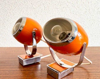 Pair of Orange Eyeball Space Age lamps from the 70s | Vintage adjustable Eyeball wall Lamps