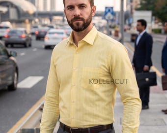 Chemise de créateur en coton oxford à fines rayures jaune charlock et blanc papier, coupe classique