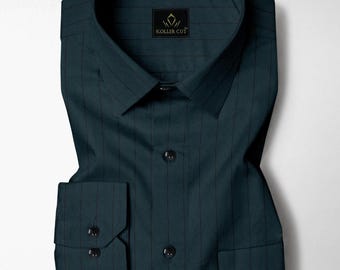 Chemise en coton oxford à fines rayures vert colvert et noir corbeau, coupe classique pour homme
