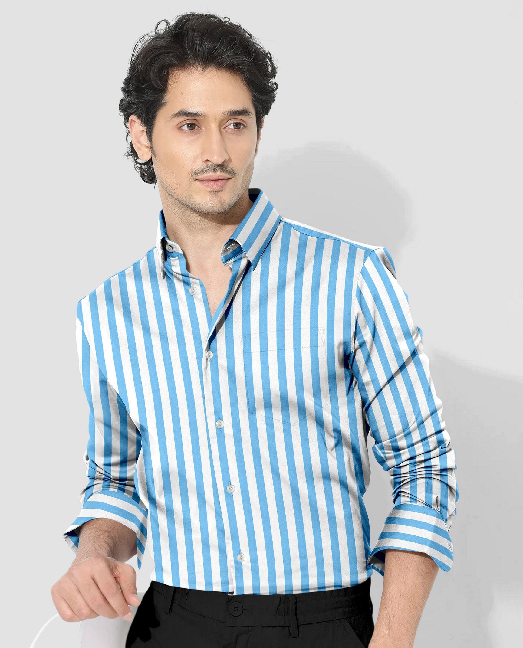 blue striped dress shirt outfit Cloisonne and White Awning Stripes Cotton Designer Men's Shirt Regular Fit Outfit men Size:7-9 Months gardenwedding KissProm Halter Cut-Out Sheath down collar