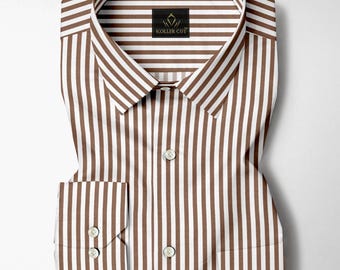 May include: A folded brown and white striped dress shirt. The shirt has a classic collar, buttoned cuffs, and a label that reads "KOLLER CUT". The shirt is made of a crisp, likely cotton fabric.