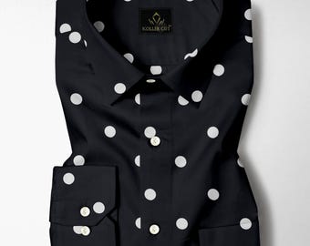 Chemise homme sur mesure en coton noir cumin et soie à pois blancs imprimés à pois