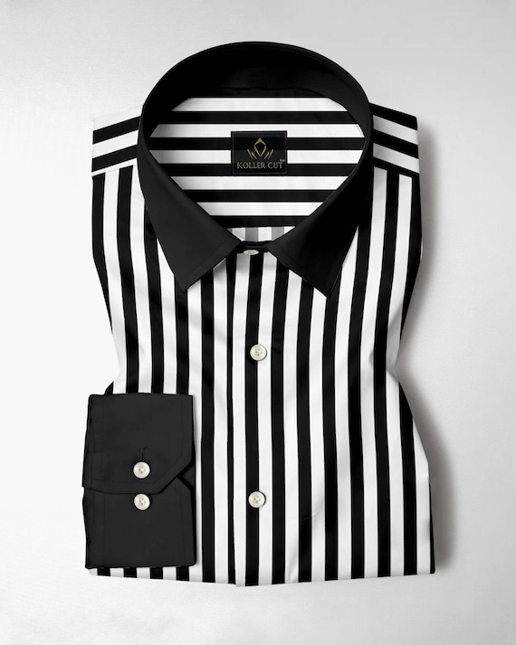 Men's Formal White and Jet Black Chalk Stripes Designer Cotton Shirt With Black Collar Wedding Function Customized Shirt