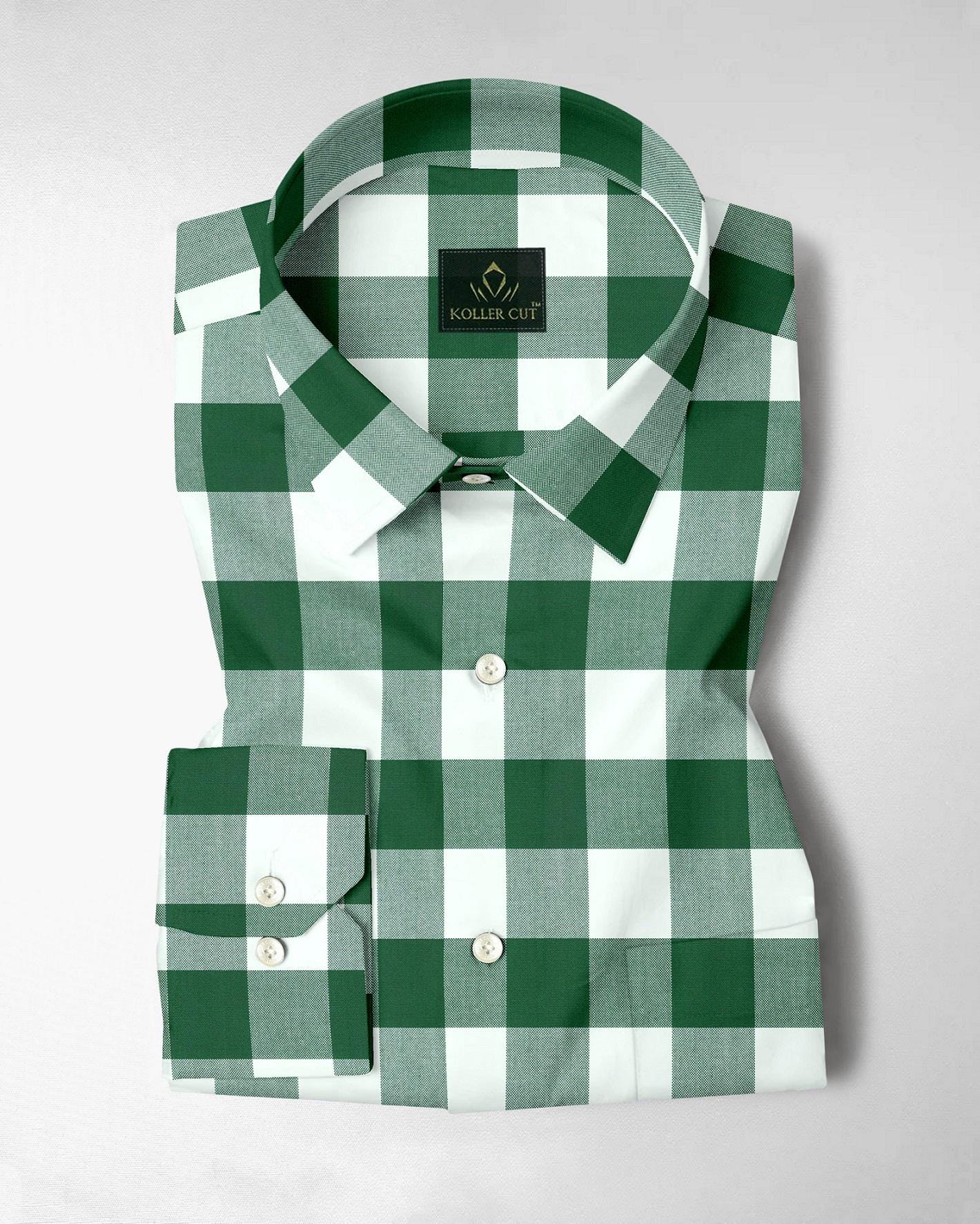mens green check dress shirt White and Emerald Buffalo Checks Oxford Cotton Designer Men's Shirt Haggar