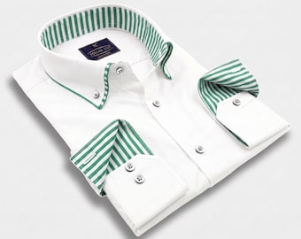 Chemise en coton blanc à rayures vert zéphyr, de créateur