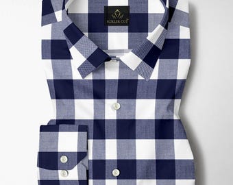 Camisa masculina de algodão com estampa xadrez búfalo em branco e azul-marinho, modelagem regular.