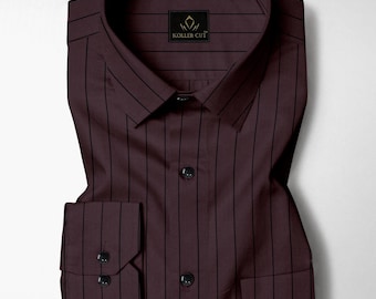 Chemise homme coupe classique en coton oxford à fines rayures bordeaux et noir corbeau