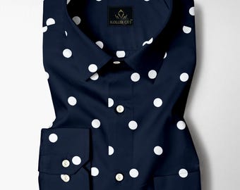 Chemise homme coupe classique bleu clair et soie à pois blancs imprimés à pois