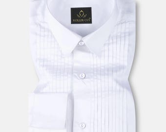 Chemise de smoking à col italien blanche en coton Giza pour homme