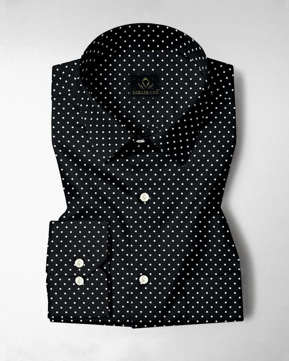 Carbon Black and White Polka Dots Printed Cotton Shirt Men