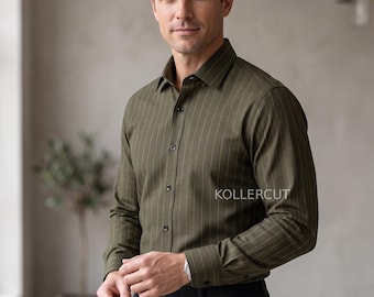 Chemise en coton oxford à fines rayures vert cyprès et vert olive Chemise de créateur pour homme