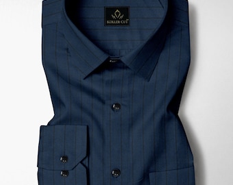 Chemise en coton oxford à fines rayures bleu ara et noir corbeau, chemise sur mesure pour homme