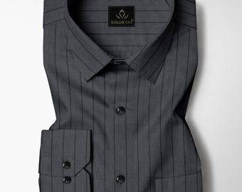 Chemise homme coupe classique en coton oxford à fines rayures gris schiste et noir corbeau