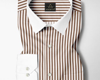 Chemise en coton à rayures blanc et marron bonbon