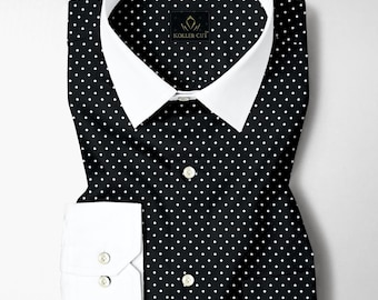 Chemise en coton de créateur imprimée à pois noir carbone et blanc, chemise sur mesure pour homme