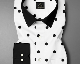 Chemise homme coupe classique en coton blanc glycine et noir à pois imprimés à pois