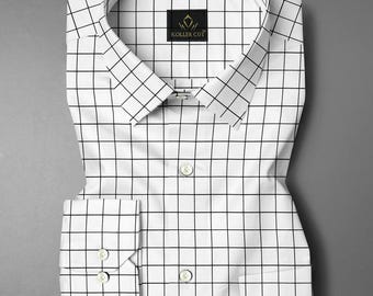 Chemise en coton à carreaux blanc laiteux et noirs, chemise coupe classique de créateur pour homme