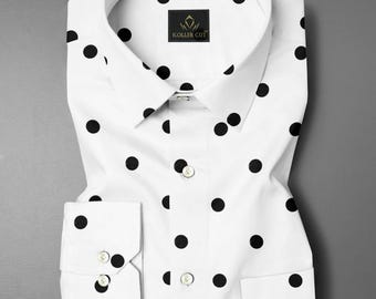Chemise homme coupe classique en coton blanc glycine et noir à pois noirs