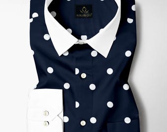 Chemise homme coupe classique en coton bleu clair et soie à pois blancs imprimée