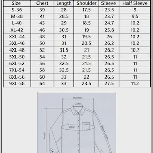 Pode incluir: Um gr&aacute;fico intitulado "Camisas Masculinas" exibe medidas de camisas em polegadas para v&aacute;rios tamanhos, incluindo peito, comprimento, ombro, manga e meia manga. Uma ilustra&ccedil;&atilde;o de uma camisa com pontos de medi&ccedil;&atilde;o rotulados tamb&eacute;m &eacute; mostrada.