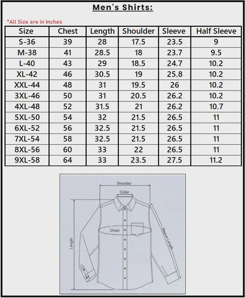 Pode incluir: Um gr&aacute;fico intitulado "Camisas Masculinas" exibe medidas de camisas em polegadas para v&aacute;rios tamanhos, incluindo peito, comprimento, ombro, manga e meia manga. Uma ilustra&ccedil;&atilde;o de uma camisa com pontos de medi&ccedil;&atilde;o rotulados tamb&eacute;m &eacute; mostrada.