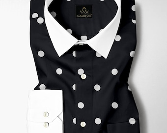 Chemise sur mesure pour homme en coton noir cumin et pois blancs imprimés à pois