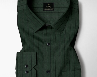 Chemise en coton Oxford à fines rayures vert cèdre et noir corbeau Chemise sur mesure pour homme