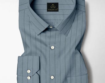 Chemise en coton Oxford bleu apatite et vert sapin à rayures cassées, chemise de créateur pour homme