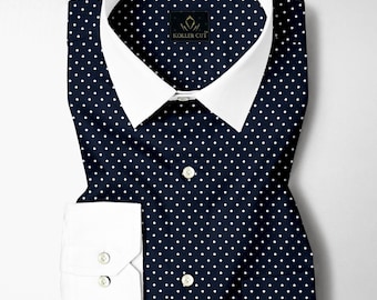 Chemise homme coupe classique en coton bleu sodalite et blanc neige à pois imprimés
