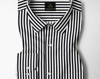 black dress shirt with white stripes Men's White Collar & French Cuff Double Stripe Dress Shirt in Black 19 36/37 / Black