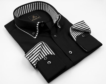 Chemise en coton noir Giza pour homme, coupe classique, col rabattu