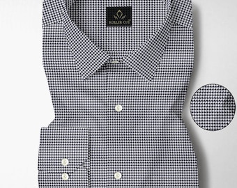 Camisa de algodão com estampa pied-de-poule em preto e branco, modelagem regular.