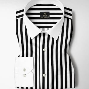 Men's Formal White and Jet Black Chalk Stripes Designer Cotton Shirt With  Black Collar Wedding Function Customized Shirt - Etsy