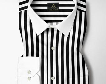 Chemise en coton de créateur à rayures noir de jais et blanc brillant avec poignets et col blancs