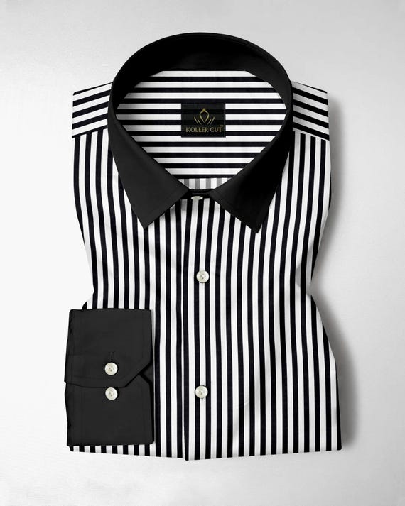 mens black white striped dress shirt Jet and Candy Stripes Designer Cotton Black Shirt Regular Fit Style:short sleeve top + bow bogo_free Fashion Deep V Neck
