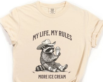 Funny Raccoon Cowboy Shirt - Silly T Shirt for Ice Cream Lover -  Trash Panda Gift for Boyfriend:         Shirts that go hard - Weird Stuff
