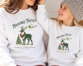 Family Christmas Sweatshirt 2026, Custom Last Name Christmas Sweater, Vintage Reindeer Matching Family Crewneck