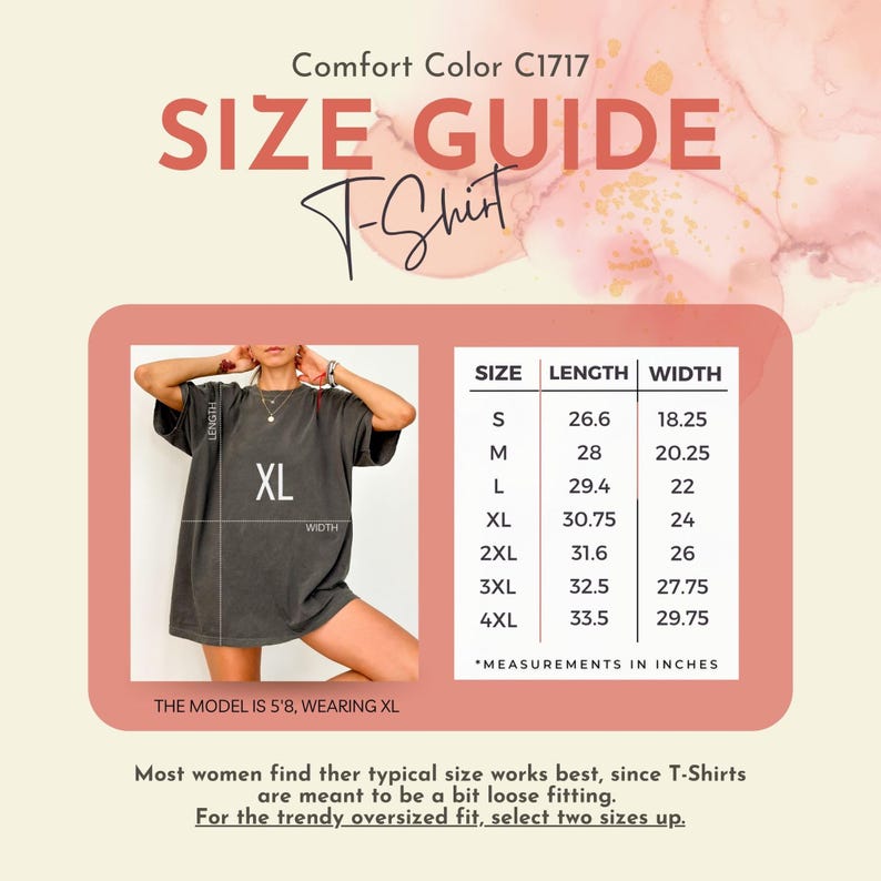 May include: Size chart for a t-shirt with measurements in inches. The chart shows the length and width of the shirt in different sizes, from S to 4XL. The model is wearing a size XL t-shirt.