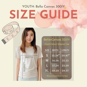 May include: Size chart for Bella+Canvas 3001Y Youth Short Sleeve Tee. The chart shows measurements in inches for width and length for sizes S, M, L, and XL.