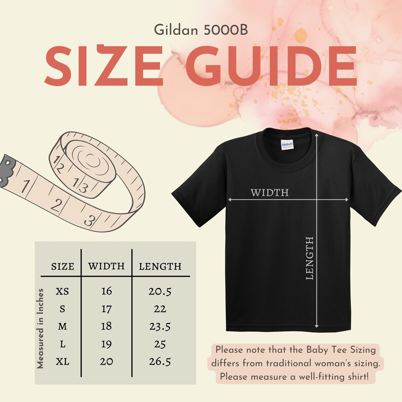 May include: Size chart for Gildan 5000B t-shirts, showing measurements in inches for width and length. Sizes include XS, S, M, L, and XL.