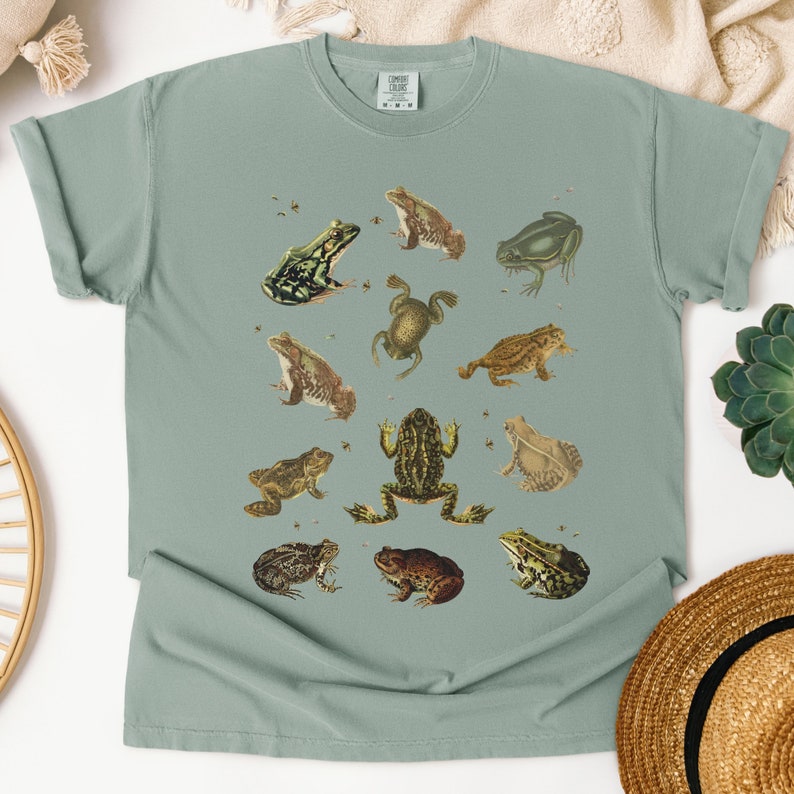Vintage Frog and Toad graphic Shirt: twelve vintage illustration of frogs and toads decorated with flys printed on a comfort colors shirt.